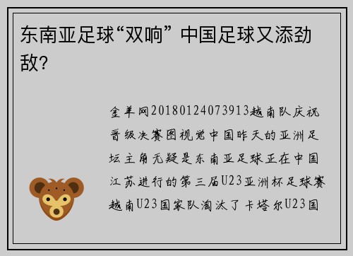 东南亚足球“双响” 中国足球又添劲敌？
